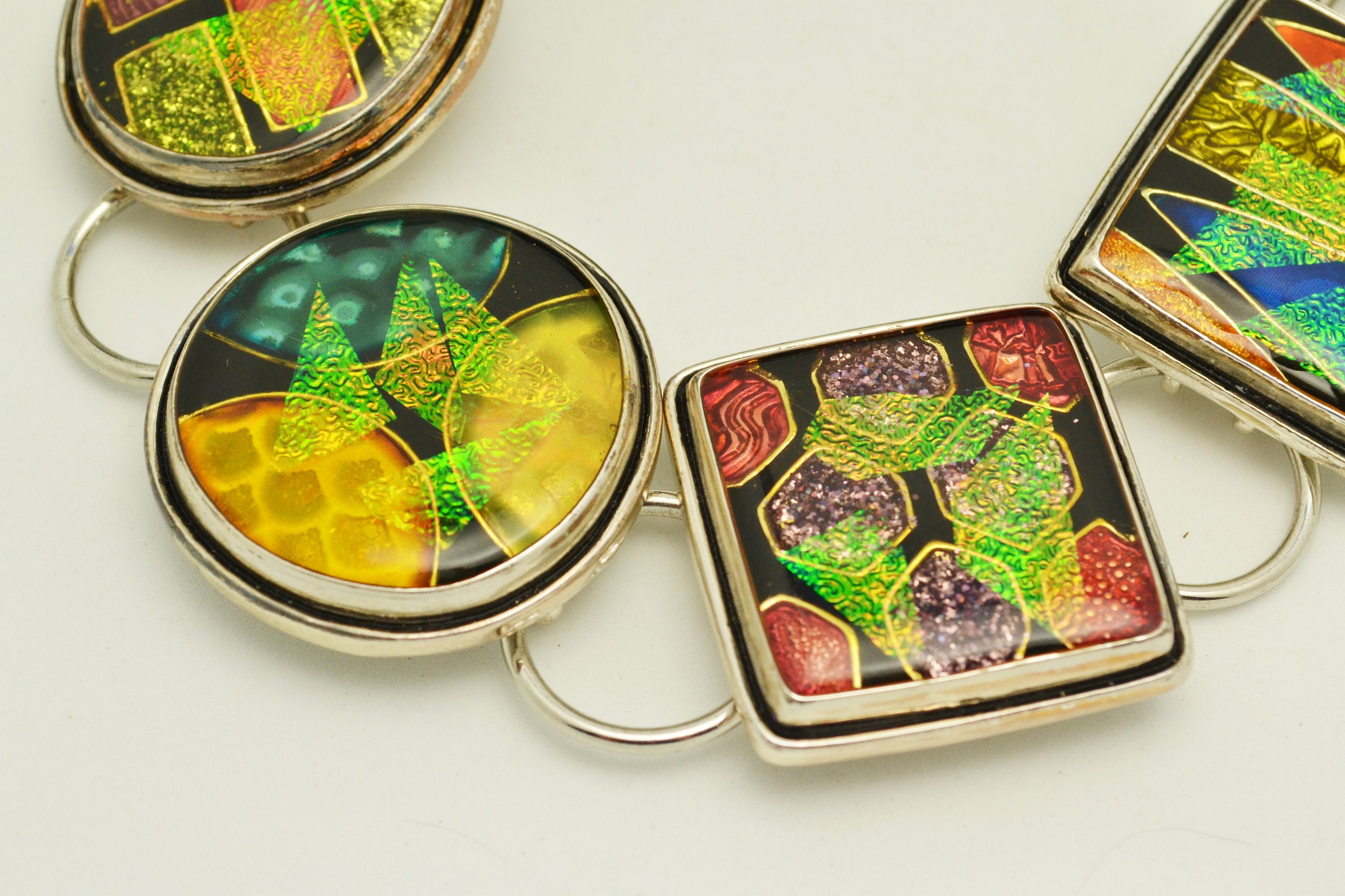 Chicos ~ M/Large ~Multi-Colors Dichroic Art Glass W/Silver Tone Boho Chain Belt il_fullxfull.6763685261_167n.jpg main image 3