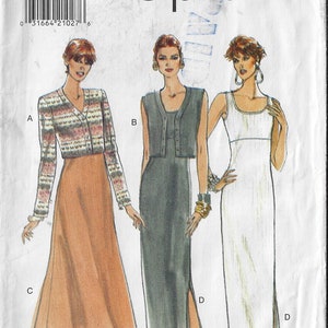 Puede incluir: Un patr&oacute;n de costura para un vestido con tres opciones diferentes. La primera opci&oacute;n es un vestido con una blusa de manga larga y una falda. La segunda opci&oacute;n es un vestido con una blusa sin mangas y una falda. La tercera opci&oacute;n es un vestido sin mangas. El patr&oacute;n es para las tallas 12-14-16.