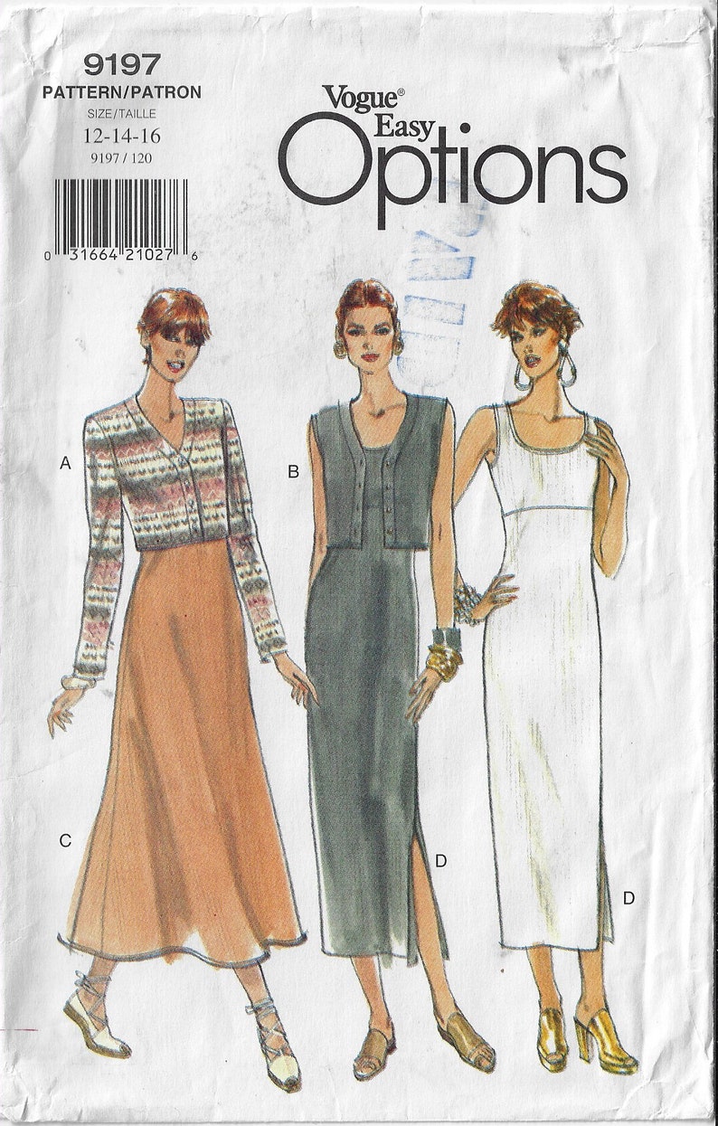 Puede incluir: Un patr&oacute;n de costura para un vestido con tres opciones diferentes. La primera opci&oacute;n es un vestido con una blusa de manga larga y una falda. La segunda opci&oacute;n es un vestido con una blusa sin mangas y una falda. La tercera opci&oacute;n es un vestido sin mangas. El patr&oacute;n es para las tallas 12-14-16.