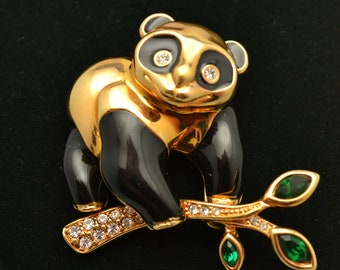 Swarovski Signed Panda Bear Pin Brooch set with Black Diamond