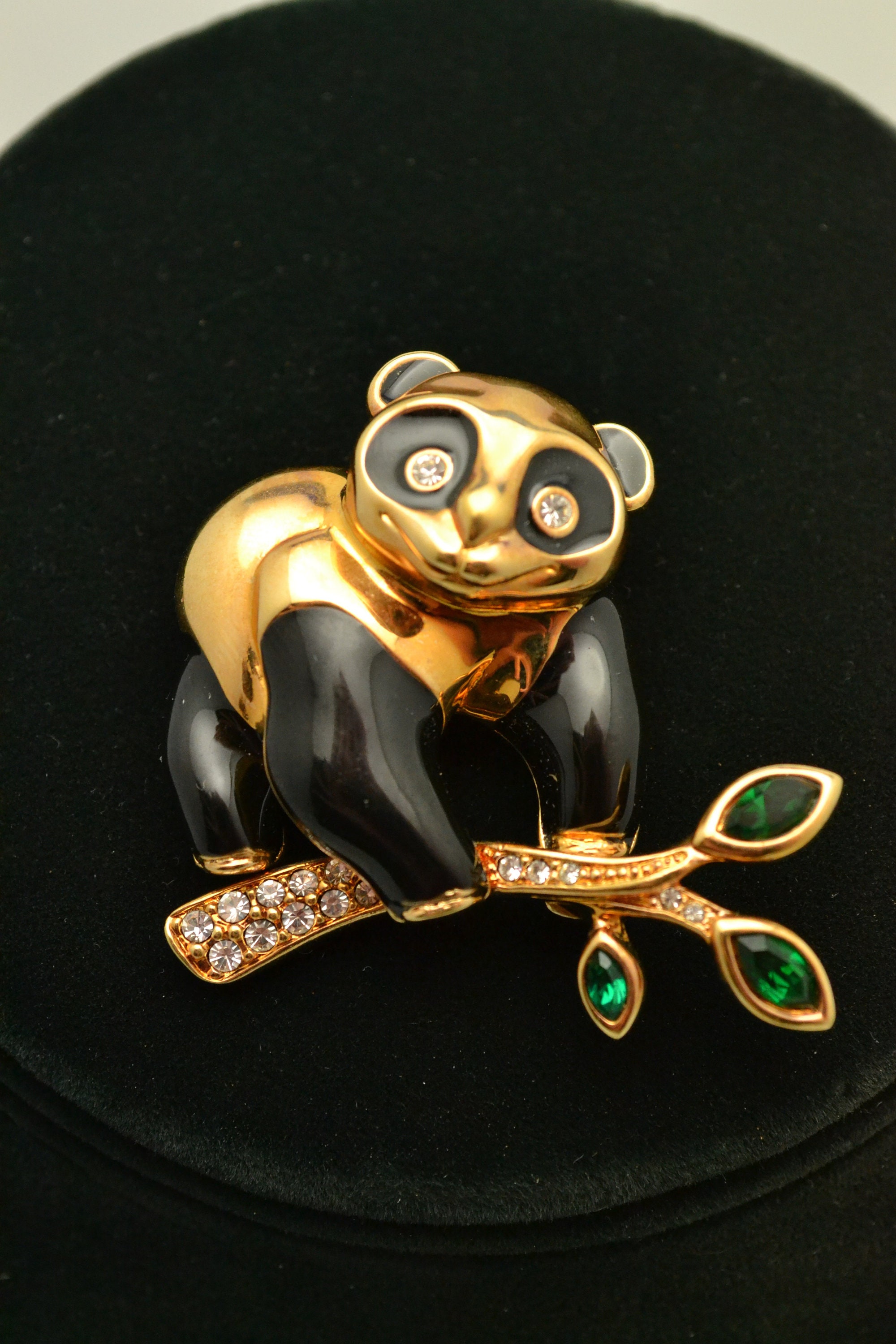 Vintage Swarovski Panda Bear Brooch Gold Plated With Rhinestones
