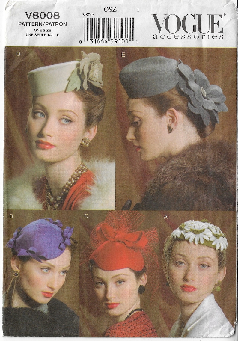 May include: Vogue Accessories pattern featuring five vintage hats. The hats include a light green pillbox hat with a floral accent, a gray hat with a large flower, a purple hat with bows, a red hat with a bow and veil, and a white hat with daisies.
