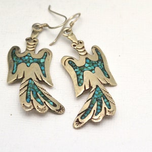 925 Silver and Turquoise Thunderbird Pierced Earrings Jewelry Gift for Her