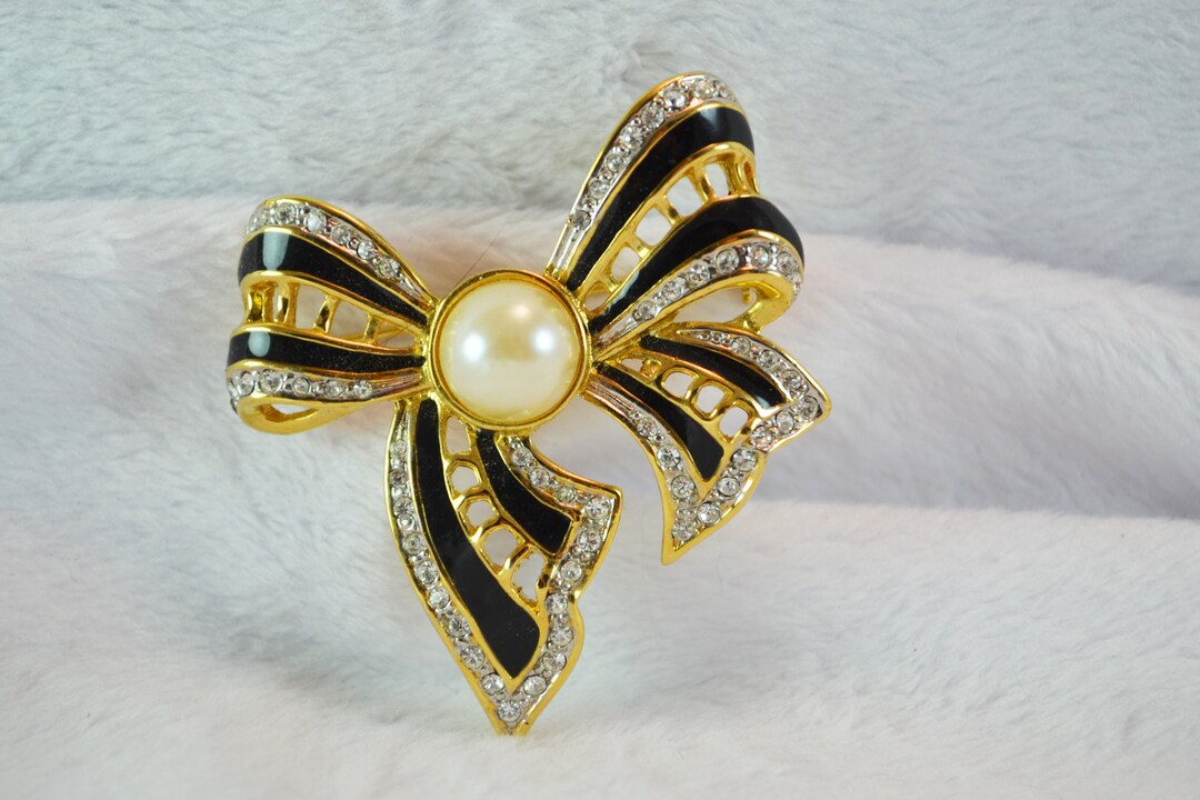 Vintage Bow Brooch Gold Tone Metal With Black Enamel & - Etsy