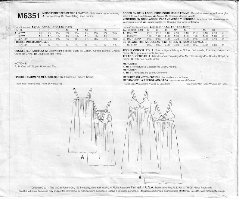 OOP McCalls Sewing Pattern M6351 Womens Summer Sundress in 2 Lengths and Styles Mini or Midi Size 6 8 10 12 14 Bust 30 12 to 36 FF