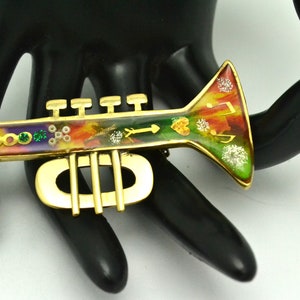 Vintage Trumpet Brooch Gold Tone Metal with Colorful Design Great Gift for Musician