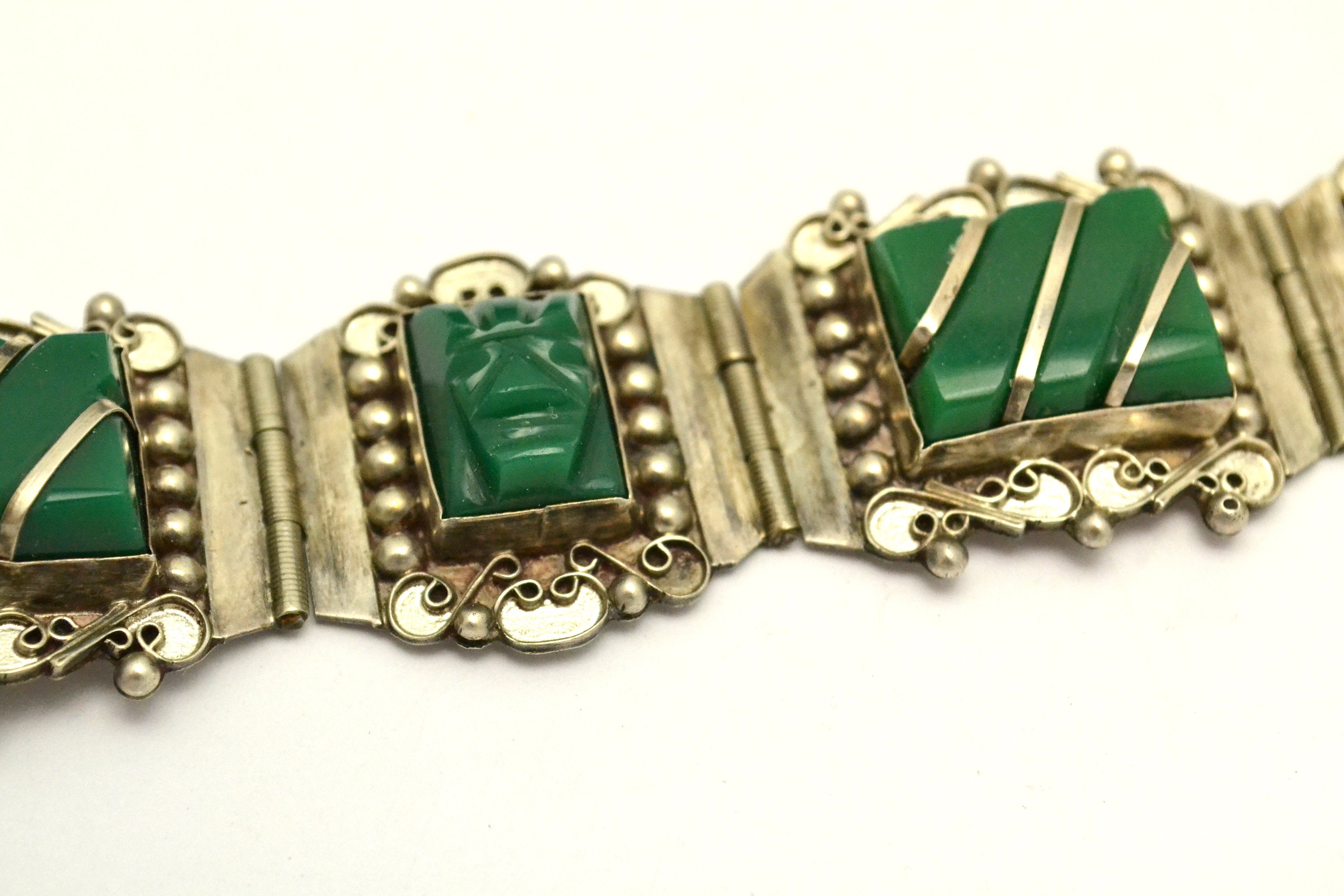 Vintage Mexican Bracelet ゴールデンサイズ レアデザイン Vtg. Sterling Silver Link Bracelet Marked TC-135 Mexico 925