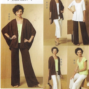 May include: A sewing pattern featuring four different styles of tops and pants. The pattern includes a brown cardigan, a white top, a green top, and white pants. The pattern is labeled with letters A, B, C, D, and E.