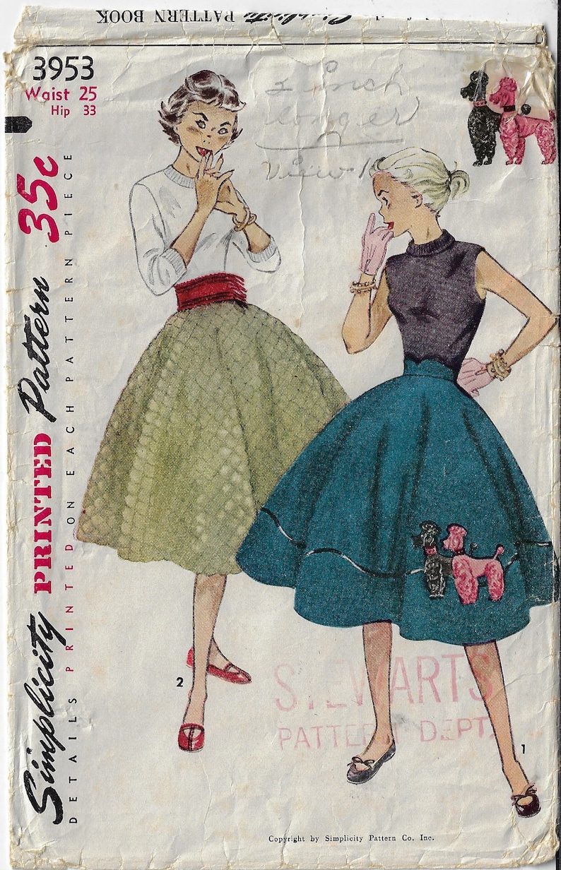 1950s Teen Age Circle Skirt with Poodle Applique or Quilted /& Cummerbund Simplicity Sewing Pattern 3953 Waist 25 Hip 33
