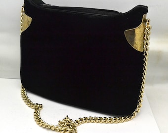 Vintage Black Velvet Shoulder Bag Small Handbag with Brass Chain & Details