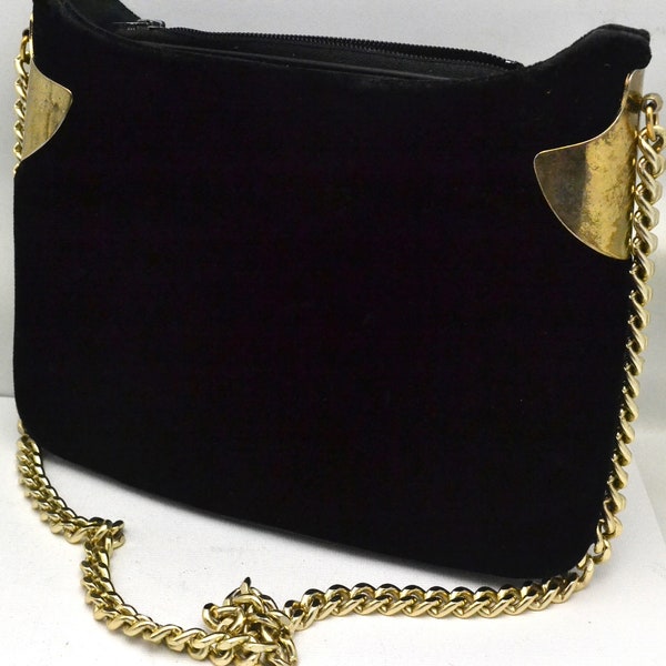 Vintage Black Velvet Shoulder Bag Small Handbag with Brass Chain & Details