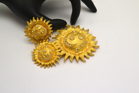 Broche Ancienne Vintage - Soleil, Étoiles Et Lune En Bronze Doré - Angleterre XXe Siècle