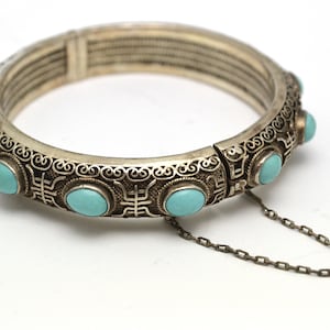 Antique Chinese Export Silver Turquoise Bangle Early 20th Century Filigree Work