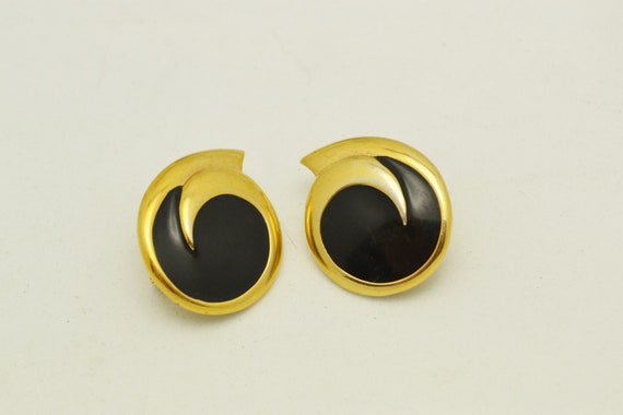 Vintage Monet Pierced Earrings Black Enamel and G… - image 8