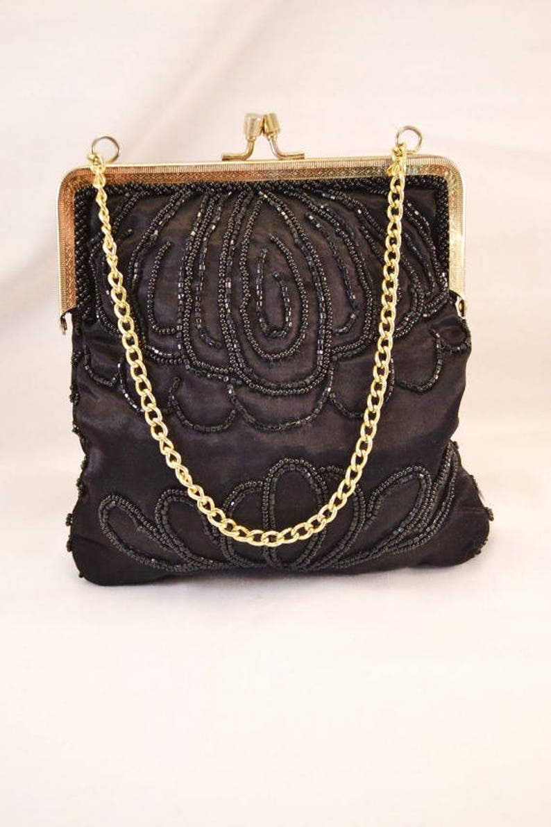 1950s Black Satin Beaded Formal Evening Purse Hand Etsy