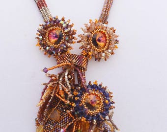 Bead Woven OOAK Necklace Crystal Sunflowers and Leaves Crystal Rivoli Statement Necklace