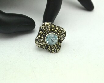 Sterling Silver and Marcasite Ring with Center Aquamarine Size 6 Vintage Gift for Her