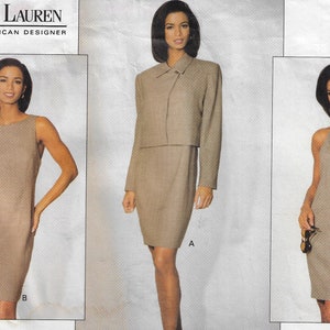 May include: A sewing pattern for a dress and jacket set by Ralph Lauren, Vogue American Designer. The pattern is for size 6-8. The dress is sleeveless and has a V-neck. The jacket has a collar and long sleeves. The pattern is shown on three models.