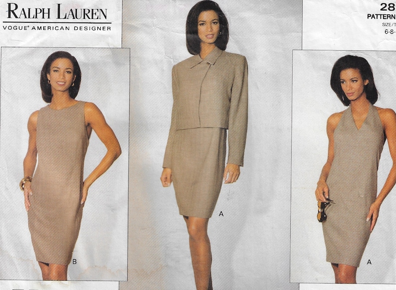 May include: A sewing pattern for a dress and jacket set by Ralph Lauren, Vogue American Designer. The pattern is for size 6-8. The dress is sleeveless and has a V-neck. The jacket has a collar and long sleeves. The pattern is shown on three models.