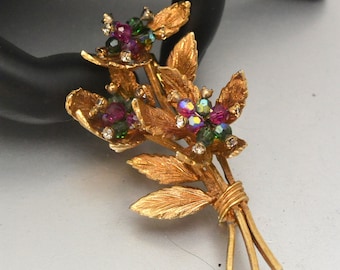 Vintage Vendome Floral Brooch Gold Plated Metal with Czech Beads
