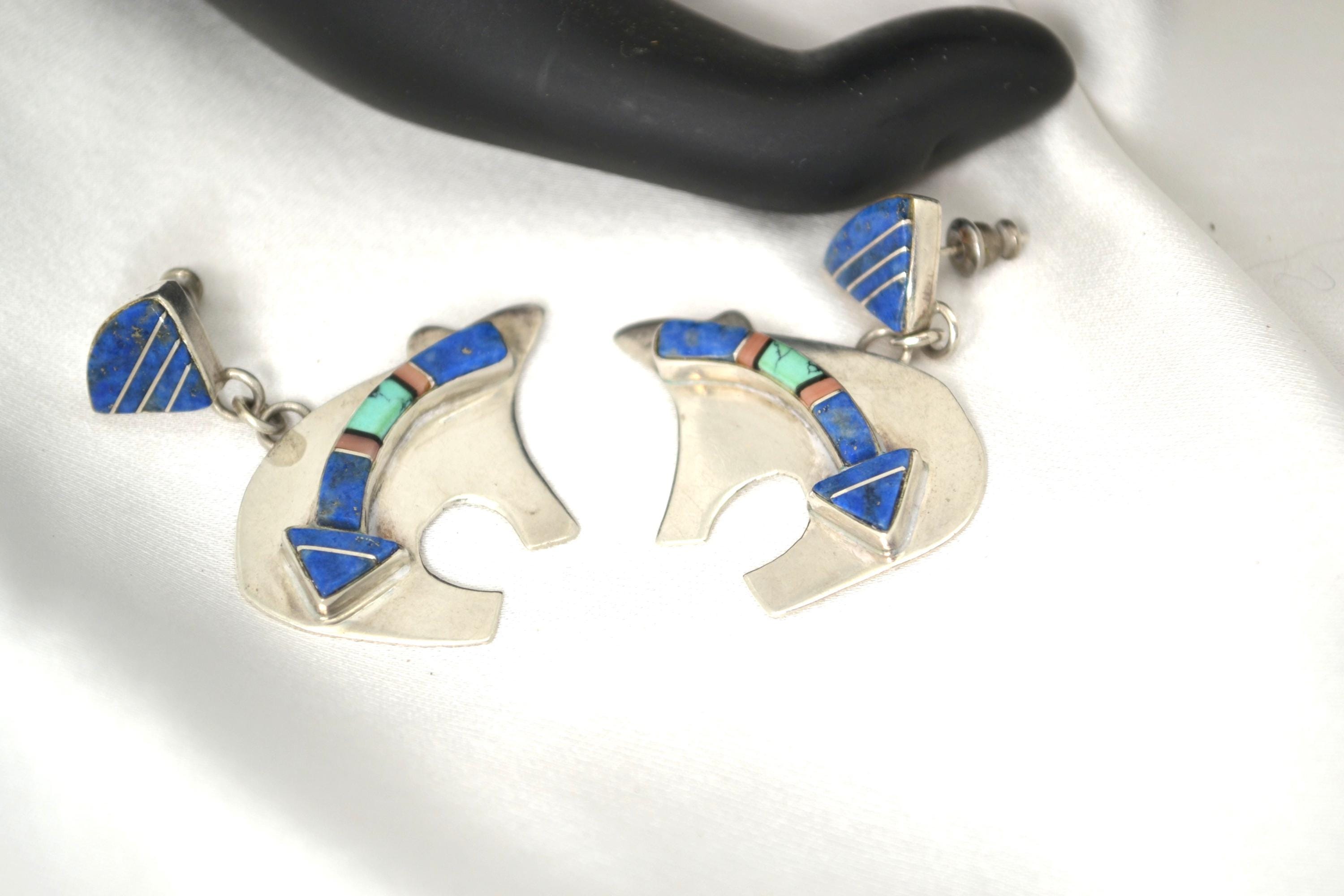 Vintage Navajo Sterling Silver Bear Pierced Earrings Inlaid