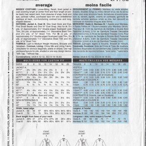 May include: A sewing pattern for a loose-fitting, flared jacket or coat with a contrast ruffle, snap and hook closures, and long sleeves. The pattern includes instructions for sizes 6-20. The pattern is labeled "average" and "moins facile" (French for "easier").