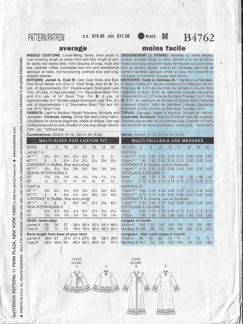 May include: A sewing pattern for a loose-fitting, flared jacket or coat with a contrast ruffle, snap and hook closures, and long sleeves. The pattern includes instructions for sizes 6-20. The pattern is labeled "average" and "moins facile" (French for "easier").