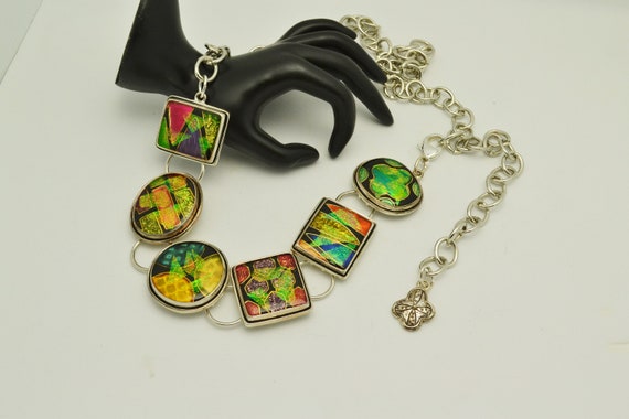 Chicos ~ M/Large ~Multi-Colors Dichroic Art Glass W/Silver Tone Boho Chain Belt il_fullxfull.6763685261_167n.jpg main image 4