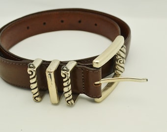 Cinturón vintage de cuero marrón Brighton, talla M, cintura 30, diseño de pergamino