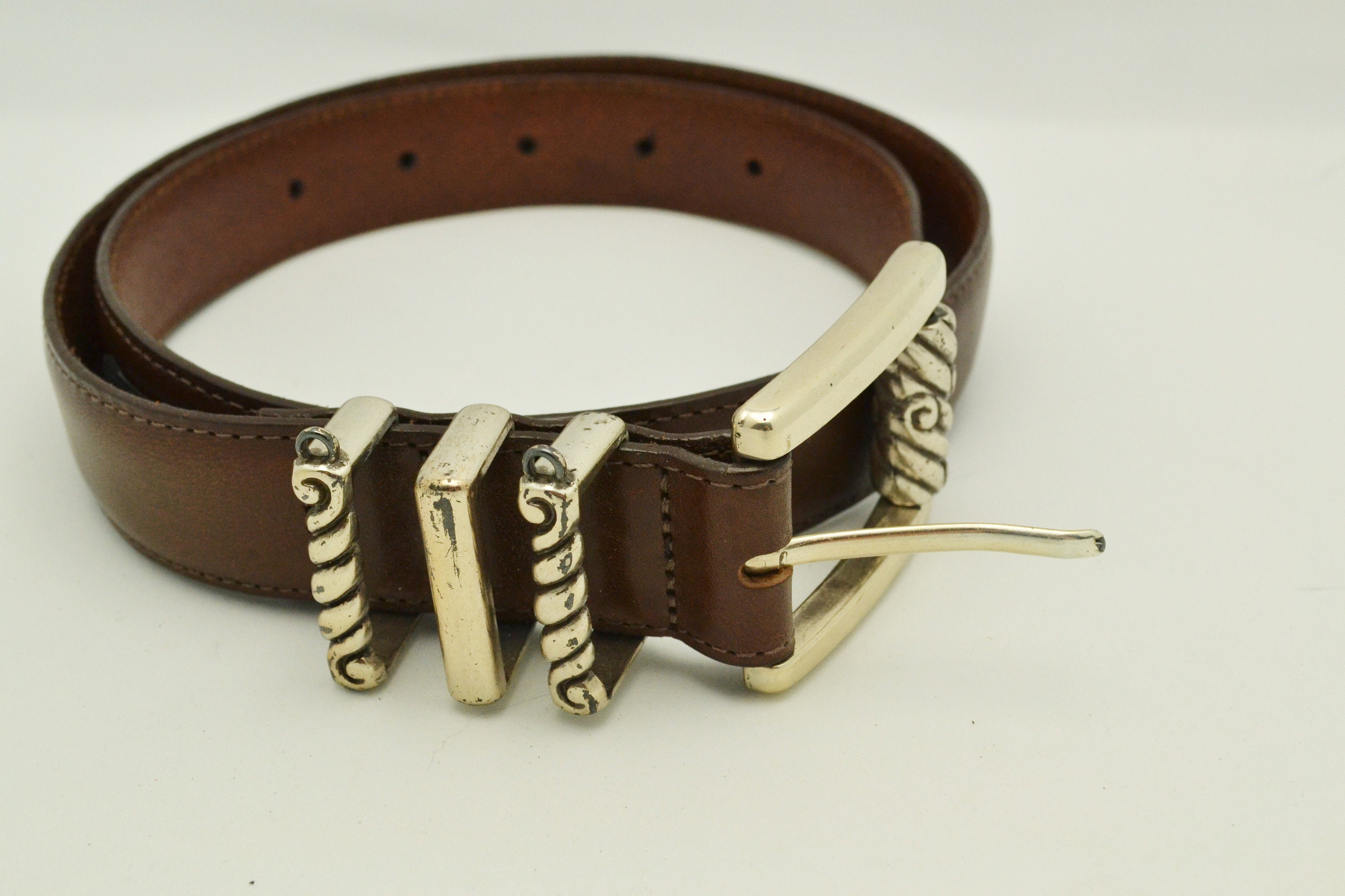 Vintage Brighton Brown Leather Belt Size M Waist 30 Scroll 