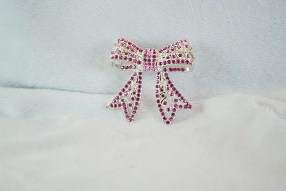 Sparkling Bow Brooch Silver Tone Metal with Pink … - image 5