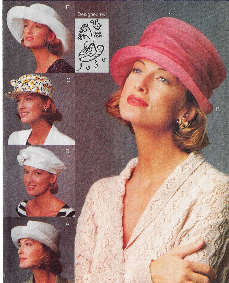 May include: Four women wearing different styles of hats. The hats are all white, pink, and floral patterned. The women are all wearing different outfits. The image includes the text "Designed by Lola".