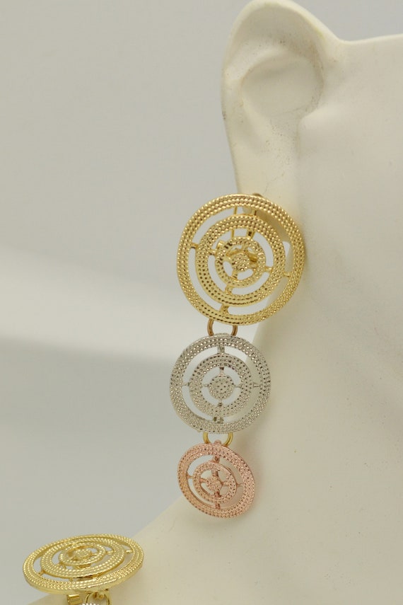 Vintage Tri Color Metal Pierced Earrings Gold, Si… - image 1