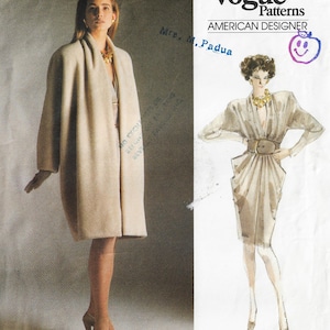 80s Donna Karan Womens A-Line Bias Coat & Draped, Tapered Dress Vogue Sewing Pattern 1958 Size 10 Bust 32 1/2
