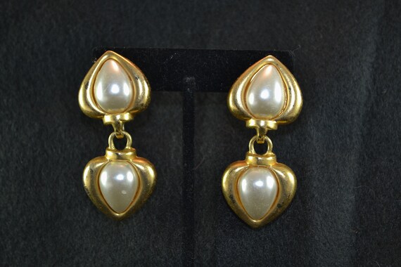 Boucles D'Oreilles Vintage Pendantes – Forme Lyre Et Cœur Avec Perle – Laiton Doré – Occasion