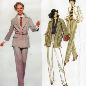 May include: A sewing pattern for a two-piece suit with a long-sleeved jacket and pants. The jacket has a wide lapel and a belt. The pants have a wide leg. The pattern is for sizes 8-16.