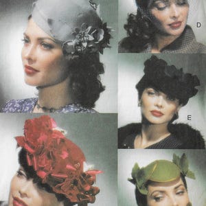May include: A collage of vintage hats in various styles and colors. The hats include a gray hat with floral accents, a blue hat with a veil, a red hat with large bows, a black hat with a floral design, and a green hat with leaf-like details.