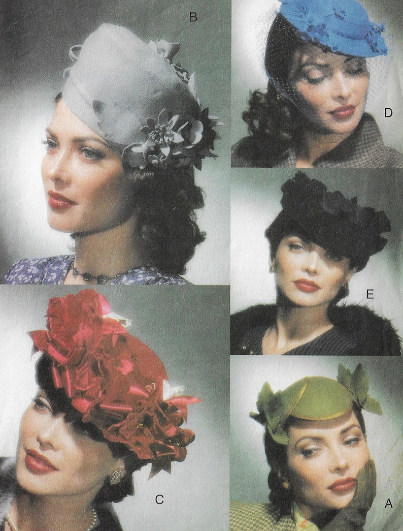 May include: A collage of vintage hats in various styles and colors. The hats include a gray hat with floral accents, a blue hat with a veil, a red hat with large bows, a black hat with a floral design, and a green hat with leaf-like details.