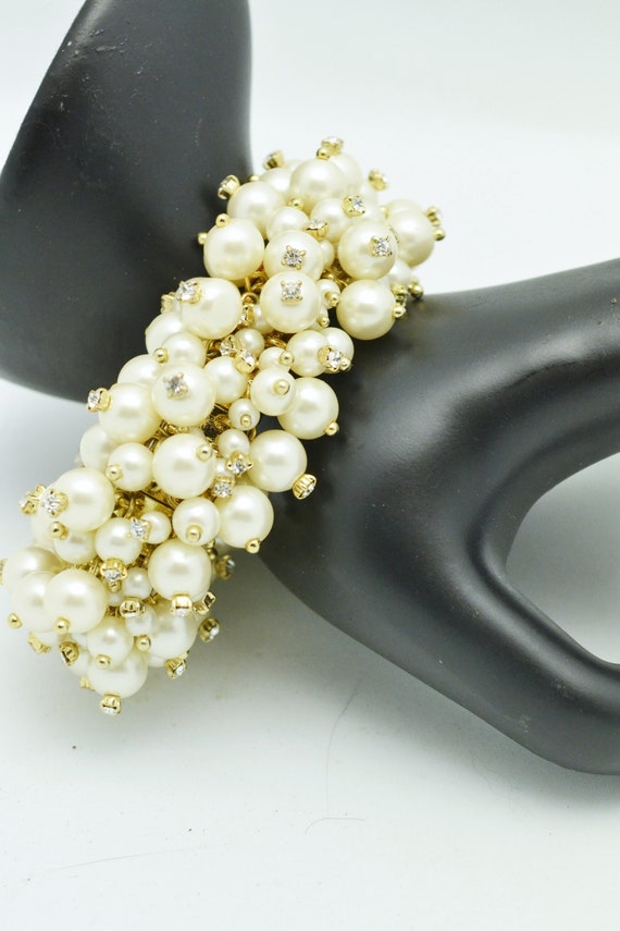 Vintage Faux Pearl & Rhinestone Stretch Cuff Brac… - image 3