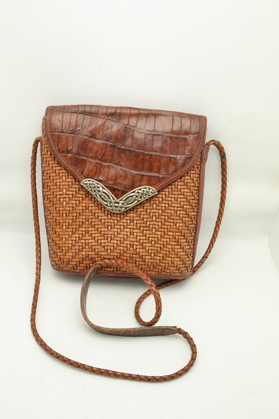 1990s Brighton Leather Shoulder Bag Woven, Smooth… - image 5