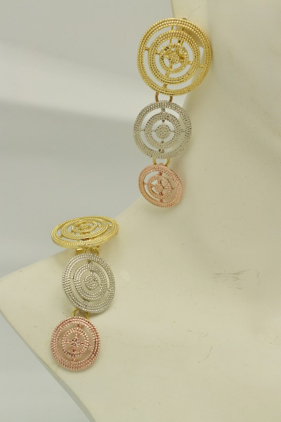 Vintage Tri Color Metal Pierced Earrings Gold, Si… - image 4