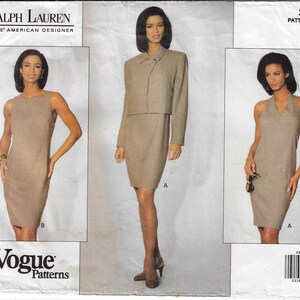 May include: A sewing pattern for a dress and jacket. The pattern is for sizes 6-8-10. The pattern is from Vogue Patterns and is designed by Ralph Lauren.
