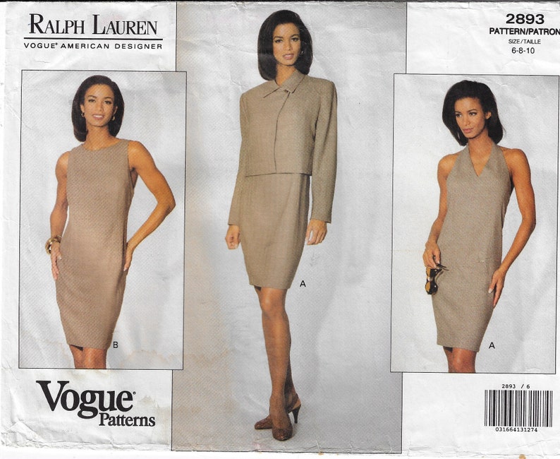 May include: A sewing pattern for a dress and jacket. The pattern is for sizes 6-8-10. The pattern is from Vogue Patterns and is designed by Ralph Lauren.