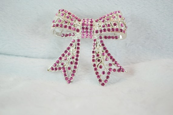 Sparkling Bow Brooch Silver Tone Metal with Pink … - image 7
