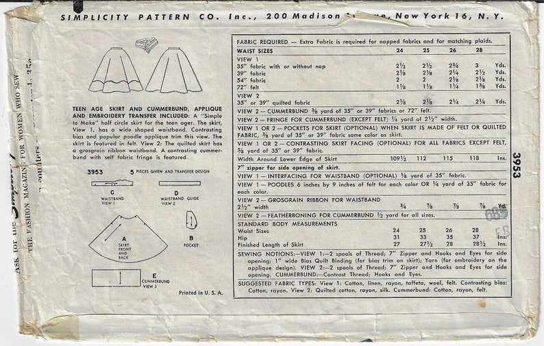 1950s Teen Age Circle Skirt with Poodle Applique or Quilted /& Cummerbund Simplicity Sewing Pattern 3953 Waist 25 Hip 33