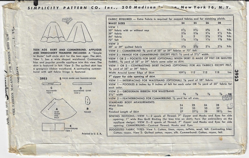 1950s Teen Age Circle Skirt with Poodle Applique or Quilted & Cummerbund Simplicity Sewing Pattern 3953 Waist 25 Hip 33 image 3