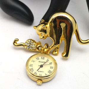 Vintage Cat and Mouse Brooch with Hanging Quartz Watch Gold Tone Metal