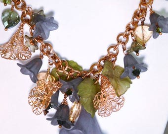 OOAK Copper and Slate Blue Fairy Flower Statement Necklace Lucite Flowers and Premium Crystals