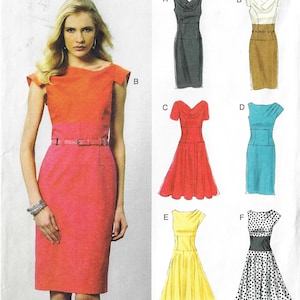May include: A woman wearing a two-tone orange and pink dress with a matching belt. The image also shows six dress patterns in various colors and styles, including a black dress, a tan dress, a red dress, a blue dress, a yellow dress, and a polka dot dress.