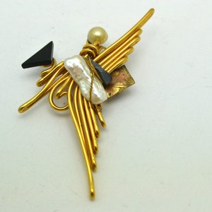 Artisan Made Brooch with Baroque Pearl and Black Glass Vintage Gift for Her